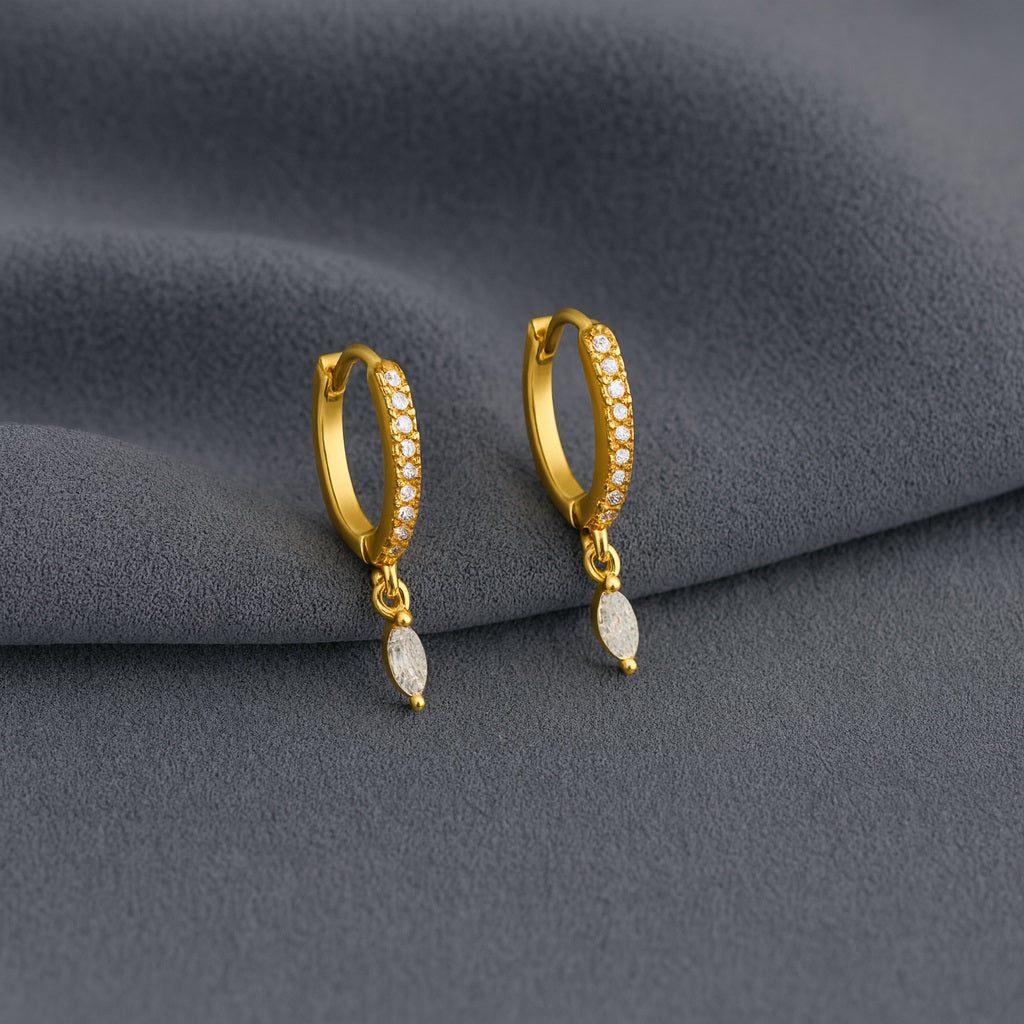 Marquise Drop Huggie Hoop Earrings - Sterling Silver Yellow Plated-4