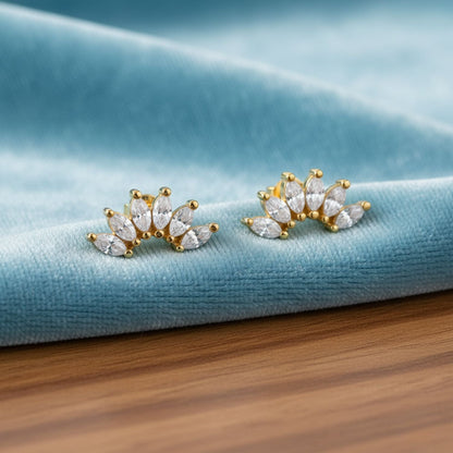 Marquise Fan Cluster Stud Earrings - Sterling Silver Yellow Plated-3