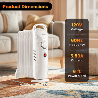 700W Electric Oil Filled Radiator Heater with Adjustable Thermostat-White-2