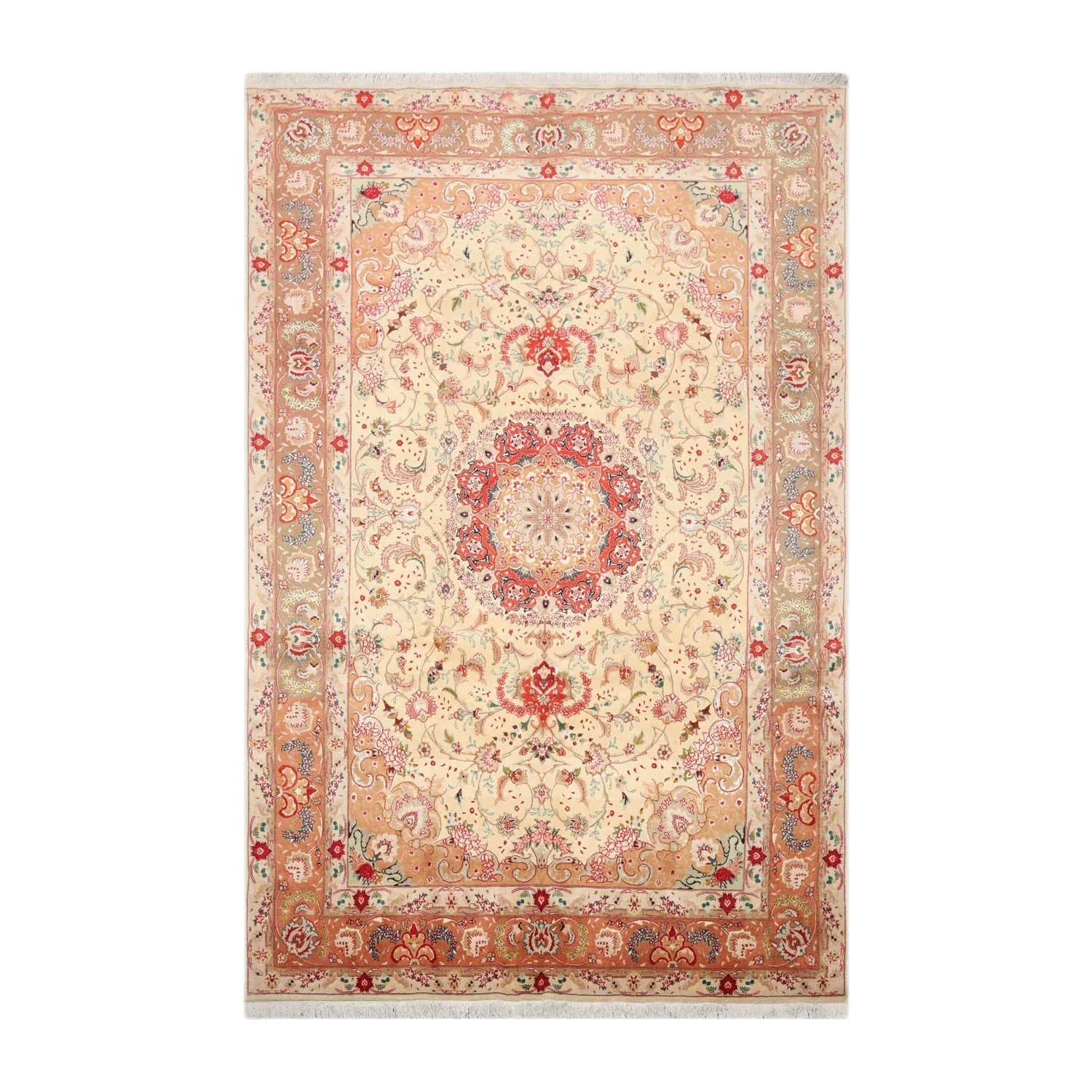 6x9 Hand Knotted Wool and Silk Traditional Tabriz 300 KPSI Oriental Area Rug Ivory, Peach Color-1