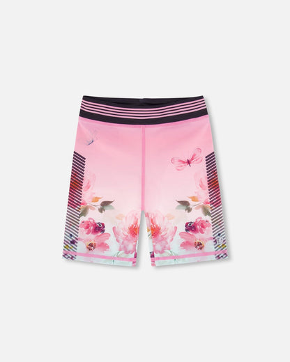 Athletic Biker Shorts Gradient Pink Printed Big Flowers-0