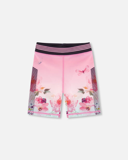 Athletic Biker Shorts Gradient Pink Printed Big Flowers-0