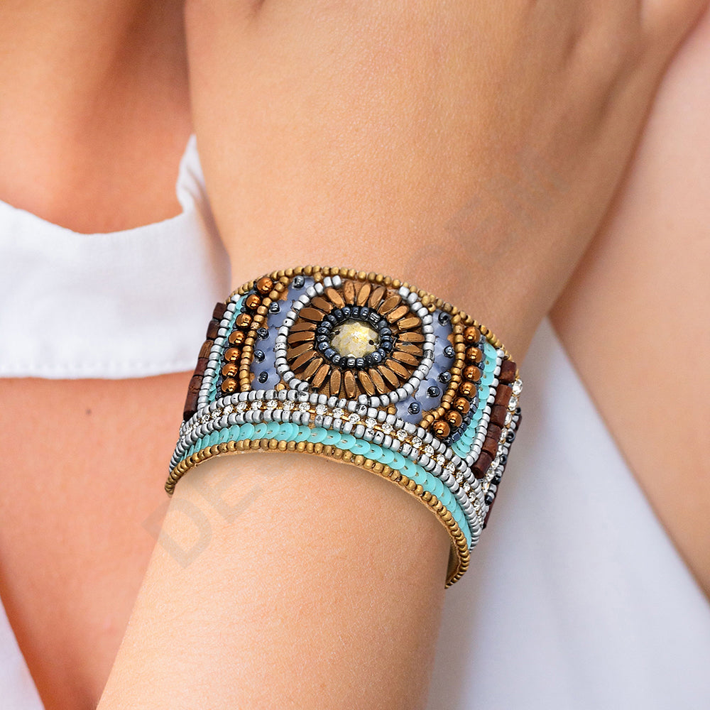 Colorful Bohemian Boho Seed Bead Loom Bracelet, Ethnic Large Cuff Bracelets For Women FBR1010-4