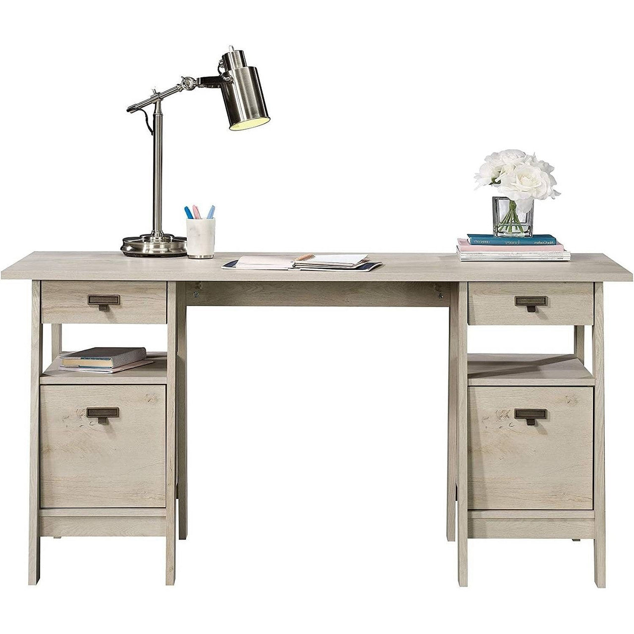 FarmHouse Chalky Oak Executive Desk w/ Filing Cabinets Storage-0