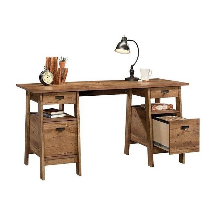 FarmHouse Rustic Oak Executive Desk w/ Filing Cabinets Storage-0