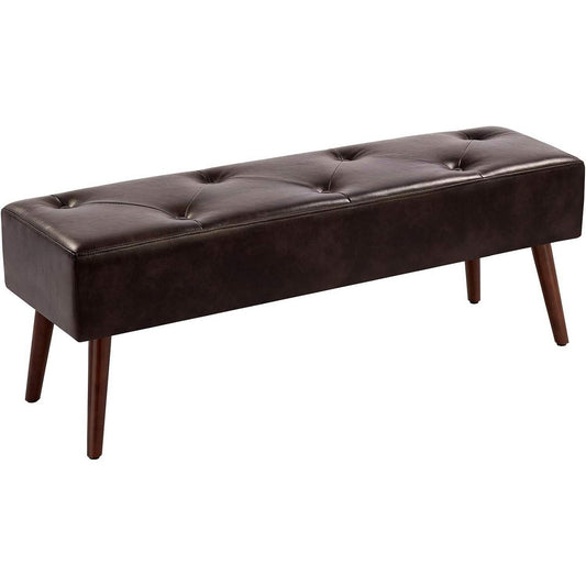 Mid-Century Bed Bench with Dark Brown Leather Upholstered Seat Solid Wood Legs-0