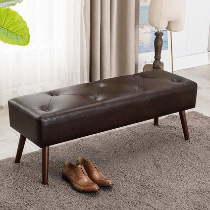 Mid-Century Bed Bench with Dark Brown Leather Upholstered Seat Solid Wood Legs-1