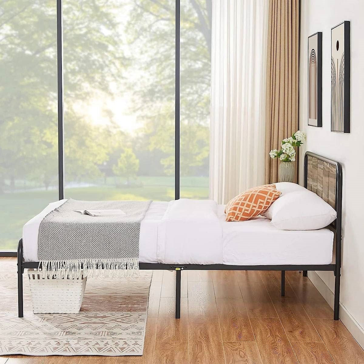 Full size Grey Wood Metal Platform Bed Frame with Rounded Headboard Footboard-0