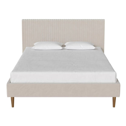Full size Off-White Ivory Cream Upholstered Platform Bed Frame with Headboard-1