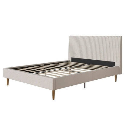 Full size Off-White Ivory Cream Upholstered Platform Bed Frame with Headboard-2