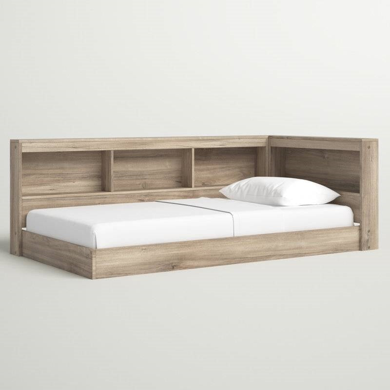 Full size Natural Wood Corner Storage Bed with Bookcase Headboard and USB Ports-0