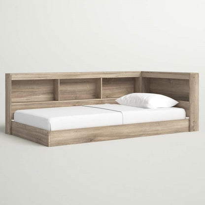 Full size Natural Wood Corner Storage Bed with Bookcase Headboard and USB Ports-0