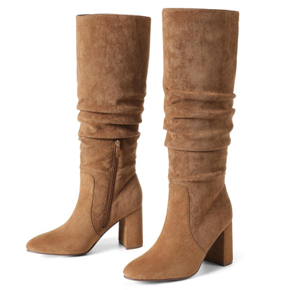 Eteridrey Knee High Boots Womens Chunky Heels Side Zipper Slouchy Boots Comfortable Faux Suede Riding Mid Calf Boots Brown Boots Winter Warm Boots