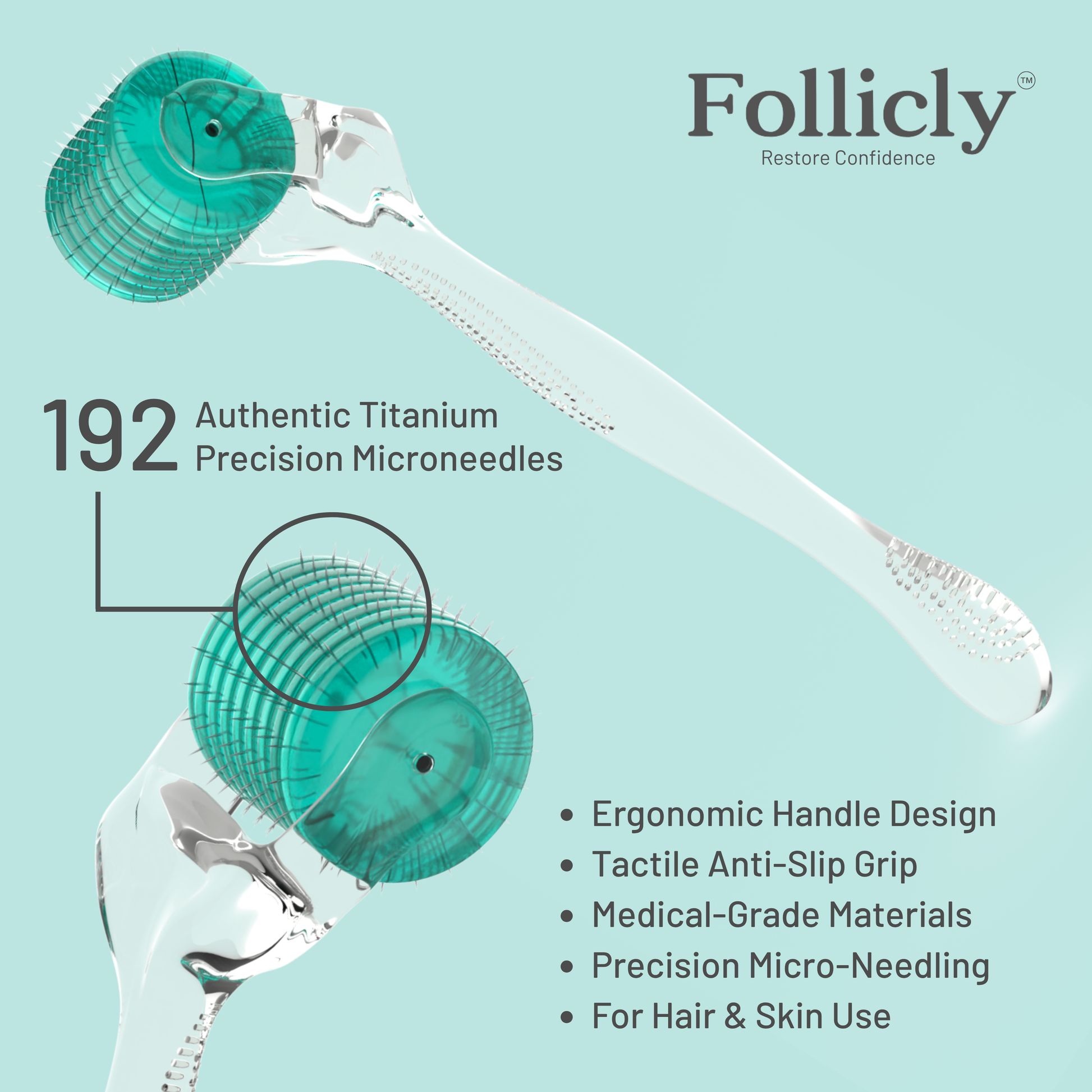 Follicly™ Derma Roller - 192 Authentic Titanium Microneedles-4