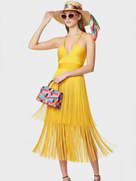 Fringe Bandage Dress With Suspender Straps For Women, Tribeca, BYMANYC New York.-0