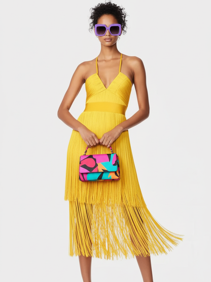 Fringe Bandage Dress With Suspender Straps For Women, Tribeca, BYMANYC New York.-1