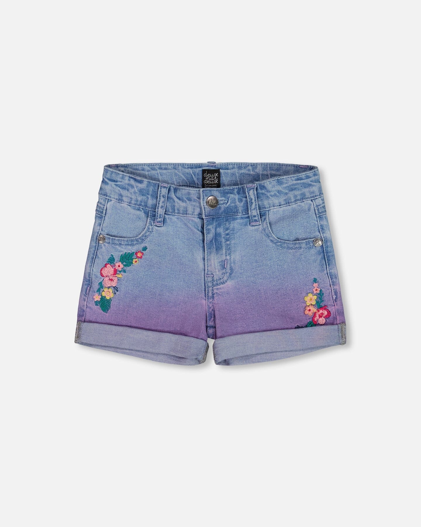 Cuffed Denim Shorts With Embroidery Floral Jeans Blue-0
