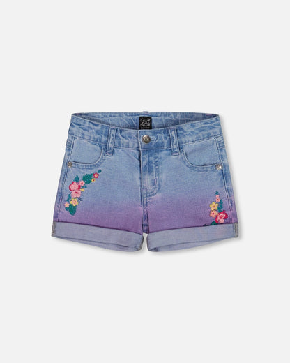 Cuffed Denim Shorts With Embroidery Floral Jeans Blue-0