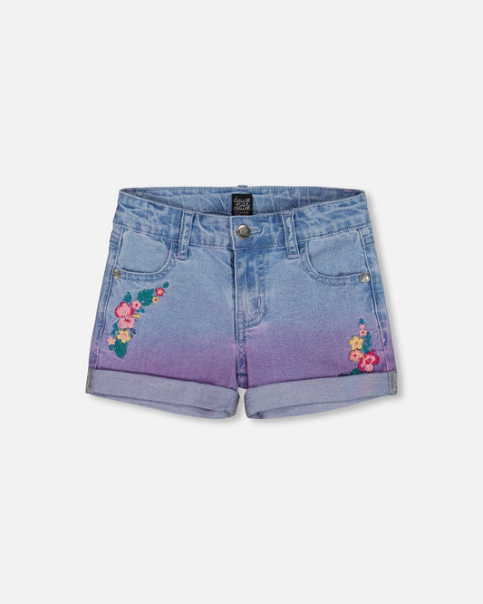 Cuffed Denim Shorts With Embroidery Floral Jeans Blue-0