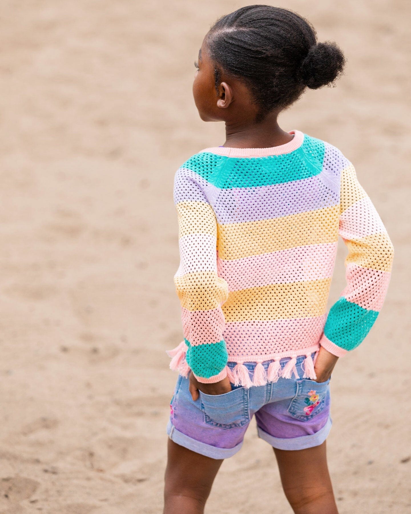 Cuffed Denim Shorts With Embroidery Floral Jeans Blue-2