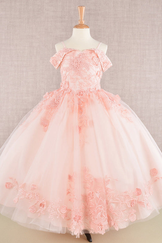 Floral Embroidery Embellished Cut-Away Shoulder Kids Dress-0