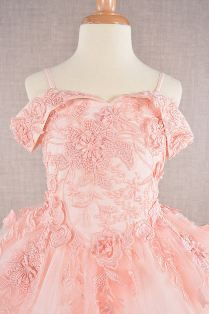 Floral Embroidery Embellished Cut-Away Shoulder Kids Dress-2