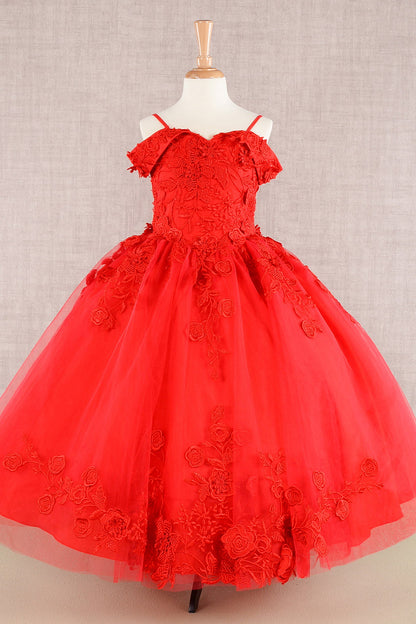 Floral Embroidery Embellished Cut-Away Shoulder Kids Dress-5