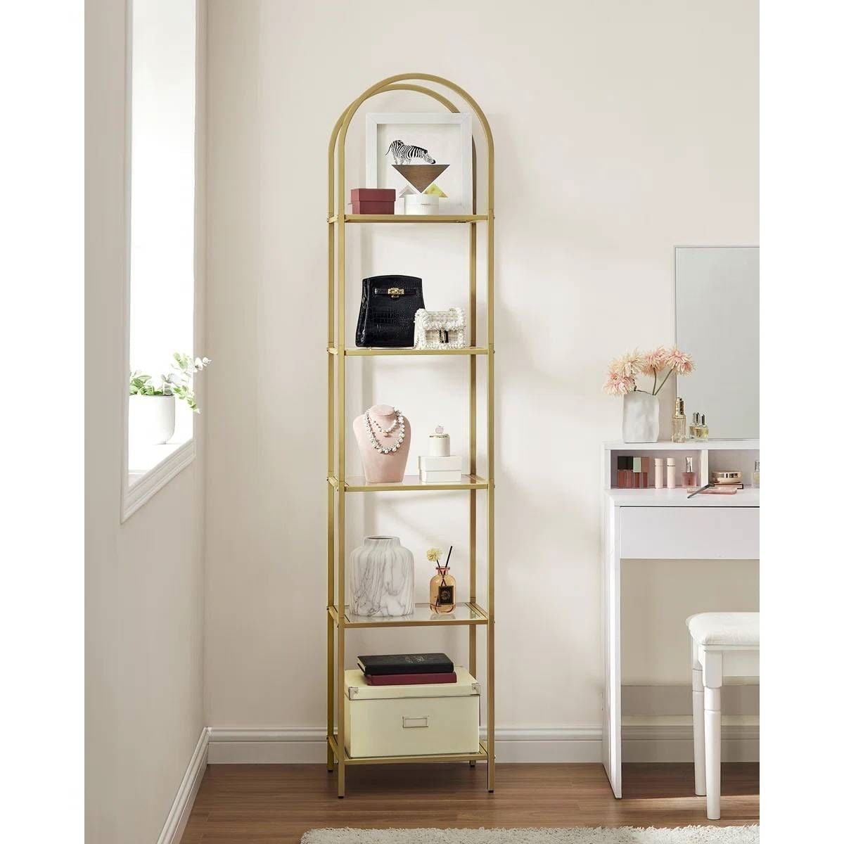 Arched Top Gold Metal Display Rack Narrow Bookcase with 5 Glass Storage Shelves-0