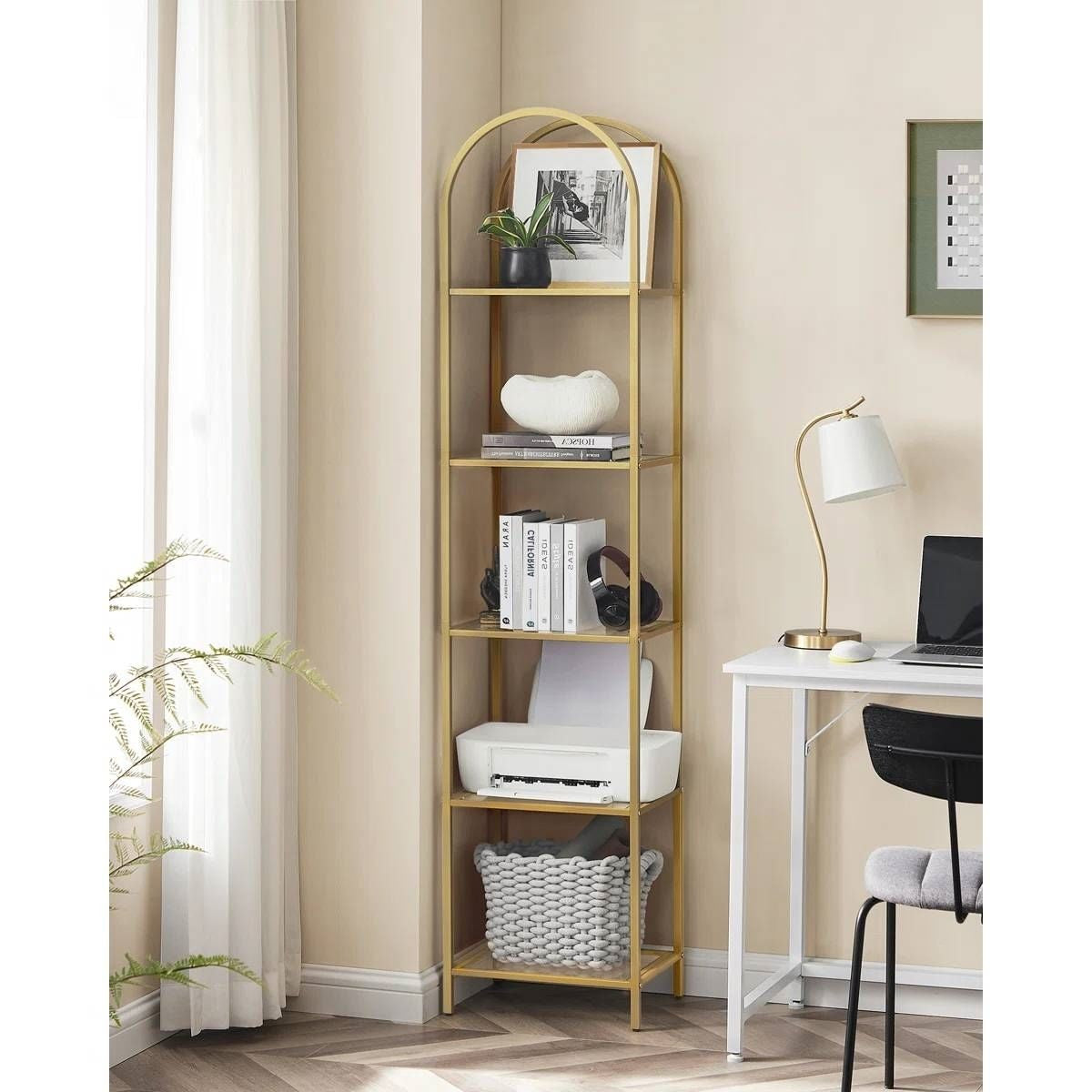 Arched Top Gold Metal Display Rack Narrow Bookcase with 5 Glass Storage Shelves-1