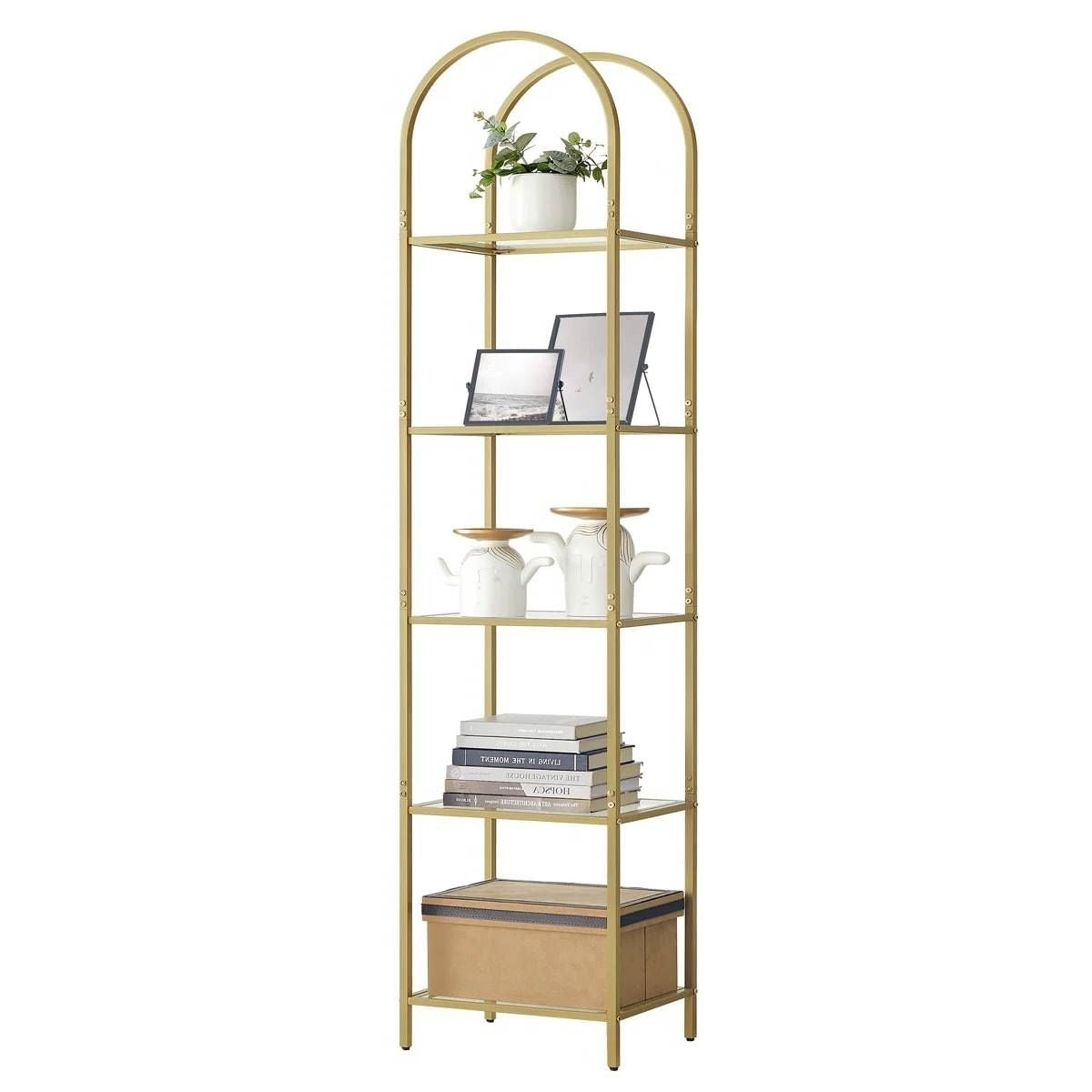 Arched Top Gold Metal Display Rack Narrow Bookcase with 5 Glass Storage Shelves-2