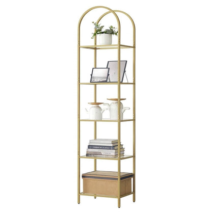 Arched Top Gold Metal Display Rack Narrow Bookcase with 5 Glass Storage Shelves-2