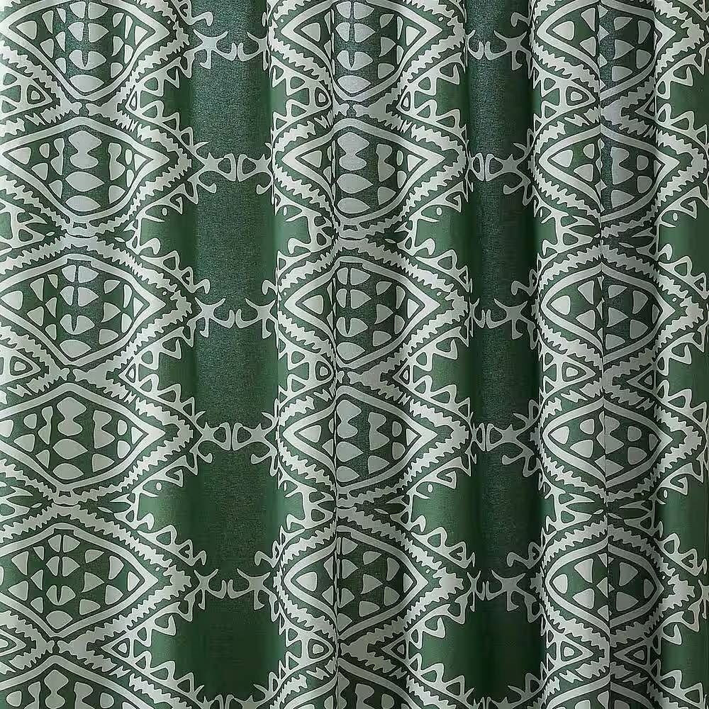 72 x 72 inch Cotton Poly Shower Curtain with Green White Geometric Motif Pattern-0