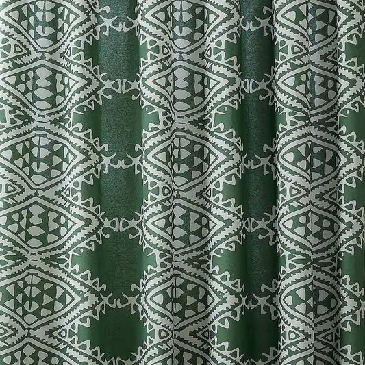 72 x 72 inch Cotton Poly Shower Curtain with Green White Geometric Motif Pattern-0