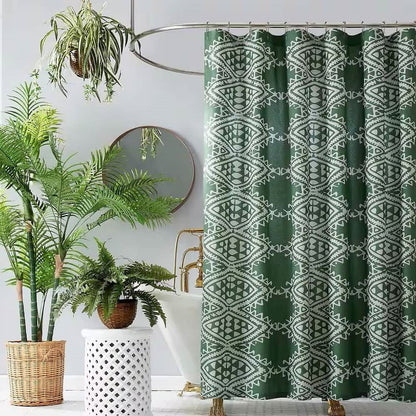 72 x 72 inch Cotton Poly Shower Curtain with Green White Geometric Motif Pattern-1