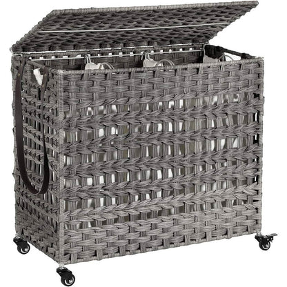 Grey PP Rattan 3-Basket Laundry Hamper Sorter Cart with Removable Cotton Bags-1
