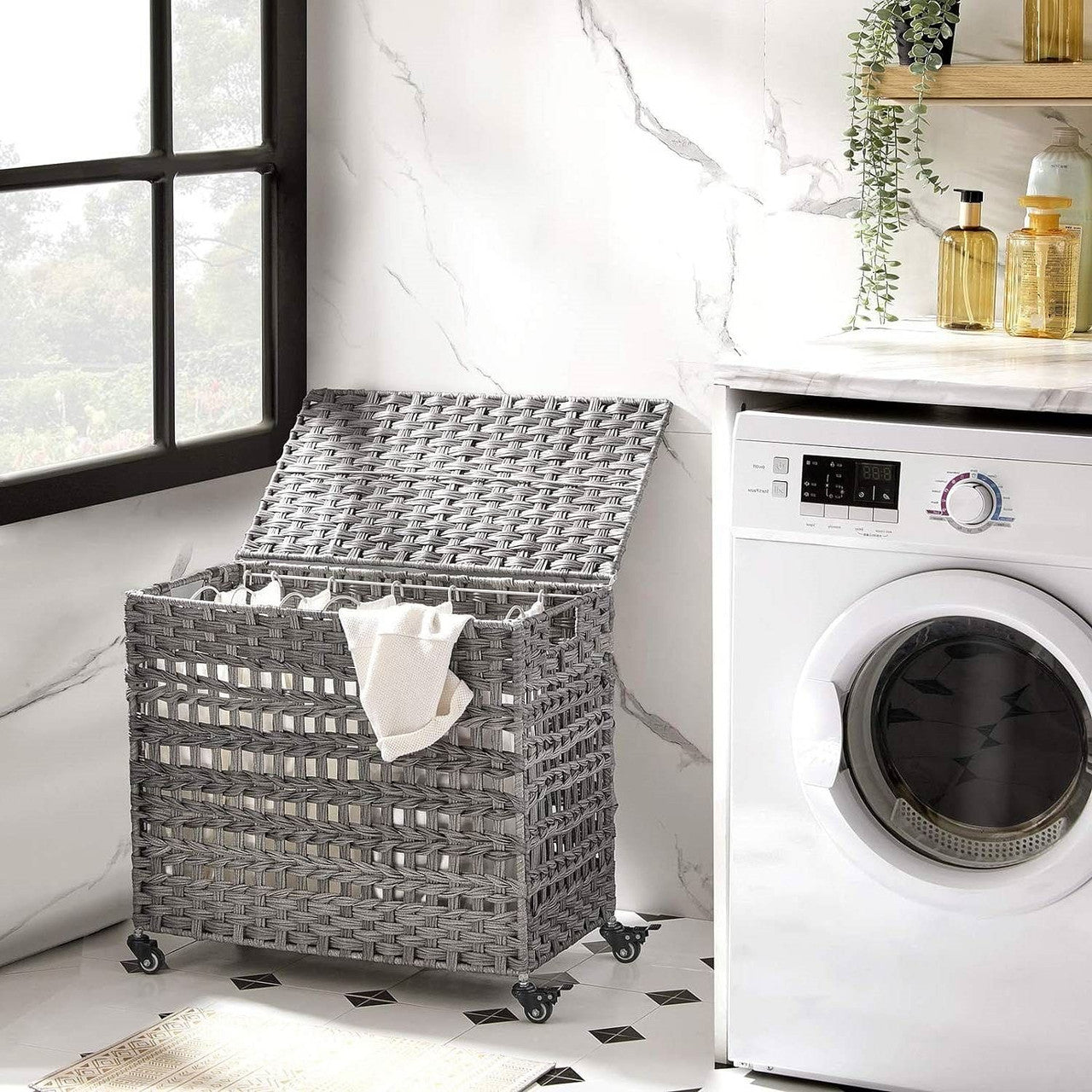 Grey PP Rattan 3-Basket Laundry Hamper Sorter Cart with Removable Cotton Bags-2