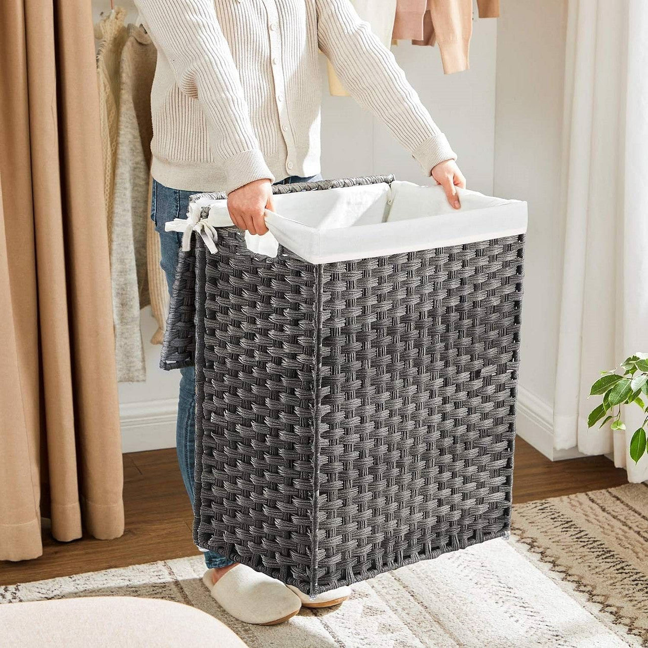 Grey Rattan Plastic Laundry Hamper Basket w/ Lid and Removable Cotton Liner Bag-0