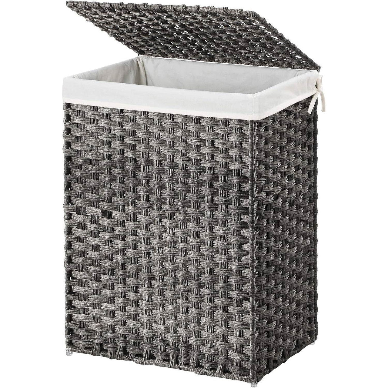 Grey Rattan Plastic Laundry Hamper Basket w/ Lid and Removable Cotton Liner Bag-2