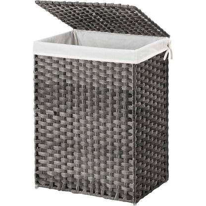 Grey Rattan Plastic Laundry Hamper Basket w/ Lid and Removable Cotton Liner Bag-2