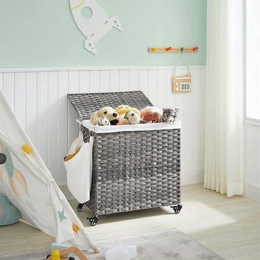 Handwoven Grey PP Rattan 3-Bag Laundry Basket Cart with Cotton Liner on Wheels-0