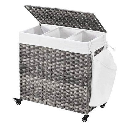 Handwoven Grey PP Rattan 3-Bag Laundry Basket Cart with Cotton Liner on Wheels-2