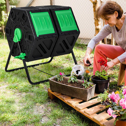 Dual Chamber Garden Compost Tumbler with Sliding Doors-Black & Green-0
