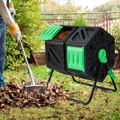 Dual Chamber Garden Compost Tumbler with Sliding Doors-Black & Green-1