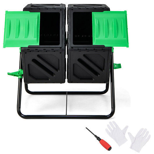 Dual Chamber Garden Compost Tumbler with Sliding Doors-Black & Green-2