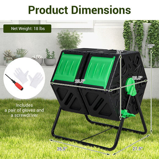 Dual Chamber Garden Compost Tumbler with Sliding Doors-Black & Green-3