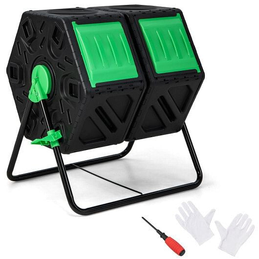 Dual Chamber Garden Compost Tumbler with Sliding Doors-Black & Green-4
