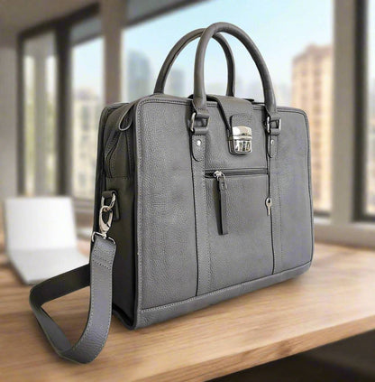 Leather Briefcase, Grey-1