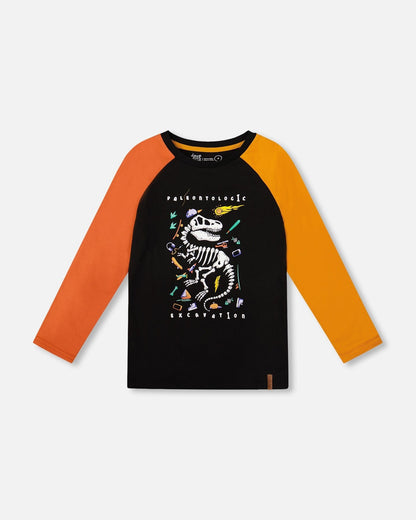 Black Long Sleeve Raglan T-Shirt With Glow-In-The-Dark Dinosaur Print-0
