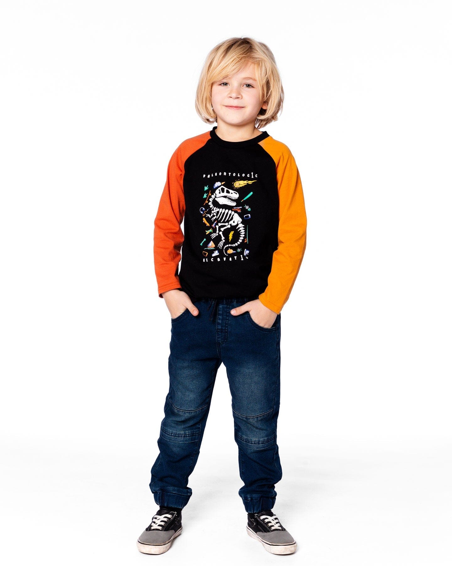 Black Long Sleeve Raglan T-Shirt With Glow-In-The-Dark Dinosaur Print-1