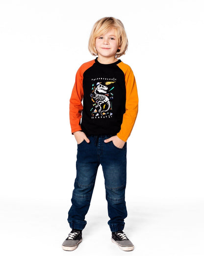 Black Long Sleeve Raglan T-Shirt With Glow-In-The-Dark Dinosaur Print-1